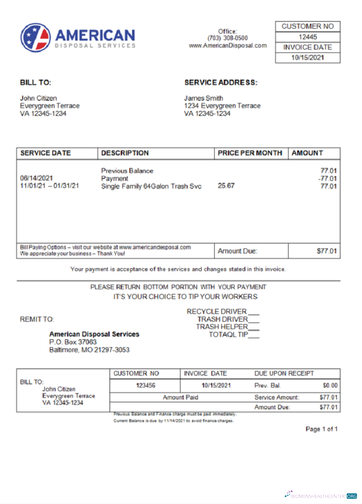 Download USA American Disposal invoice Photoshop template
